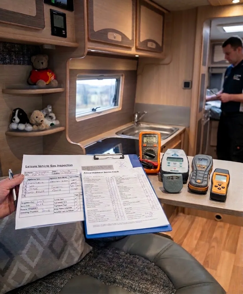 Habitation check in progress inside a motorhome, with gas inspection form and test equipment