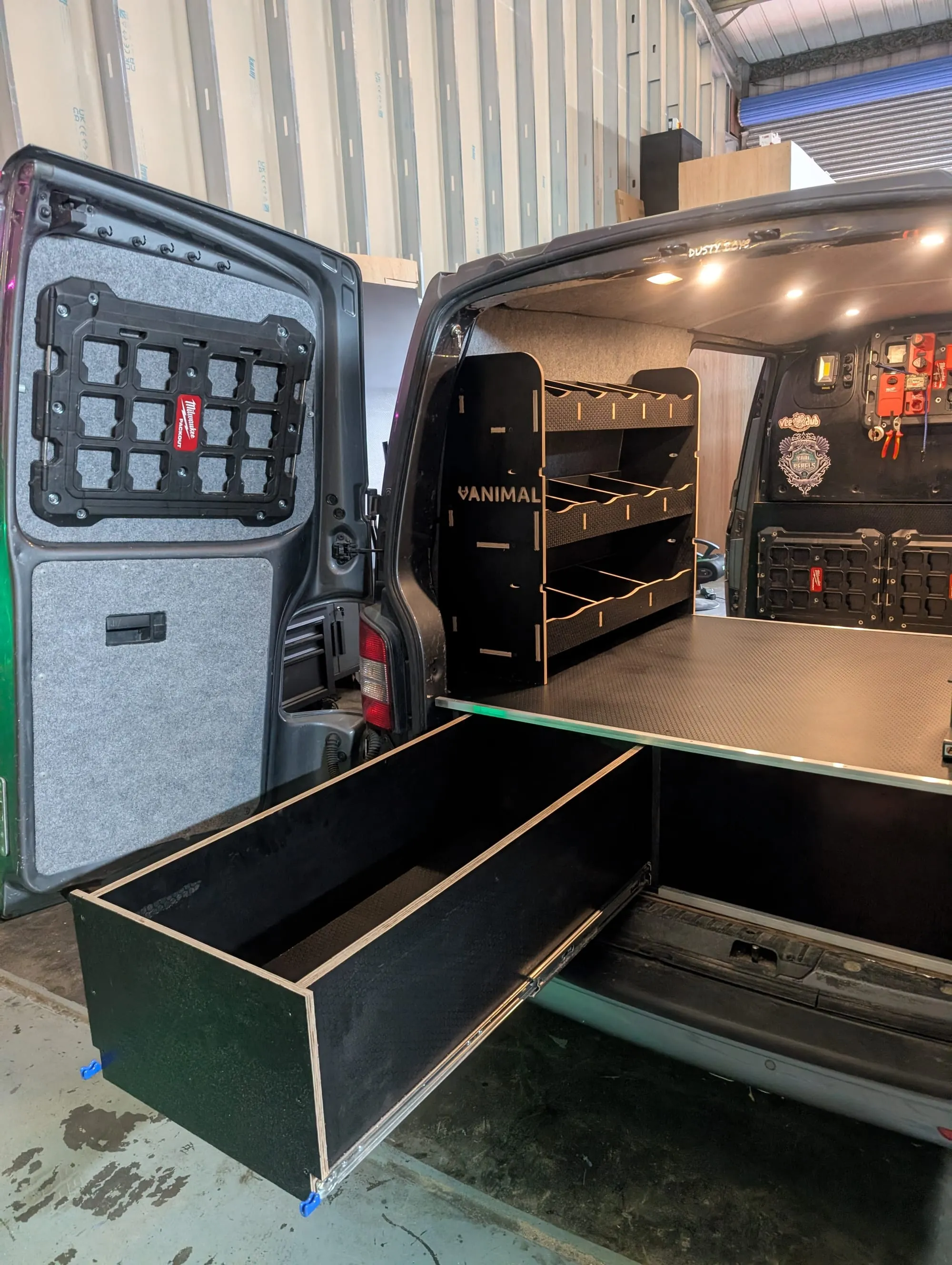 Custom van racking with pull-out drawer